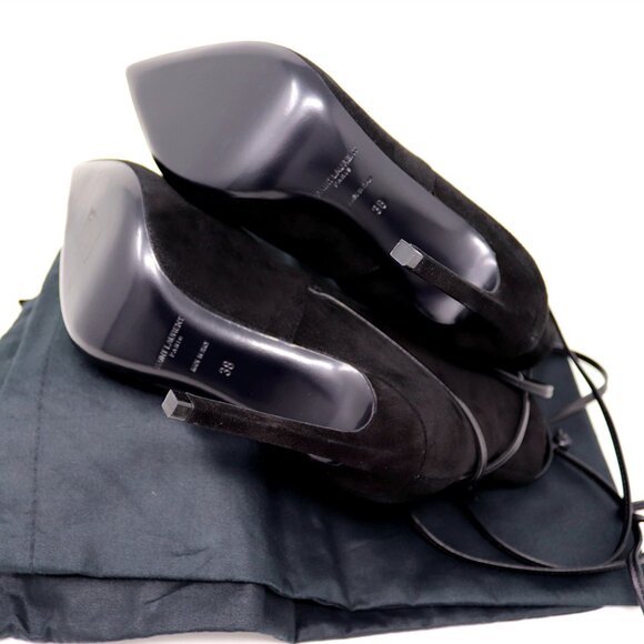 YSL Saint Laurent NEW 38 Black Suede Ankle Wrap Stiletto Bootie - Picture 12 of 15